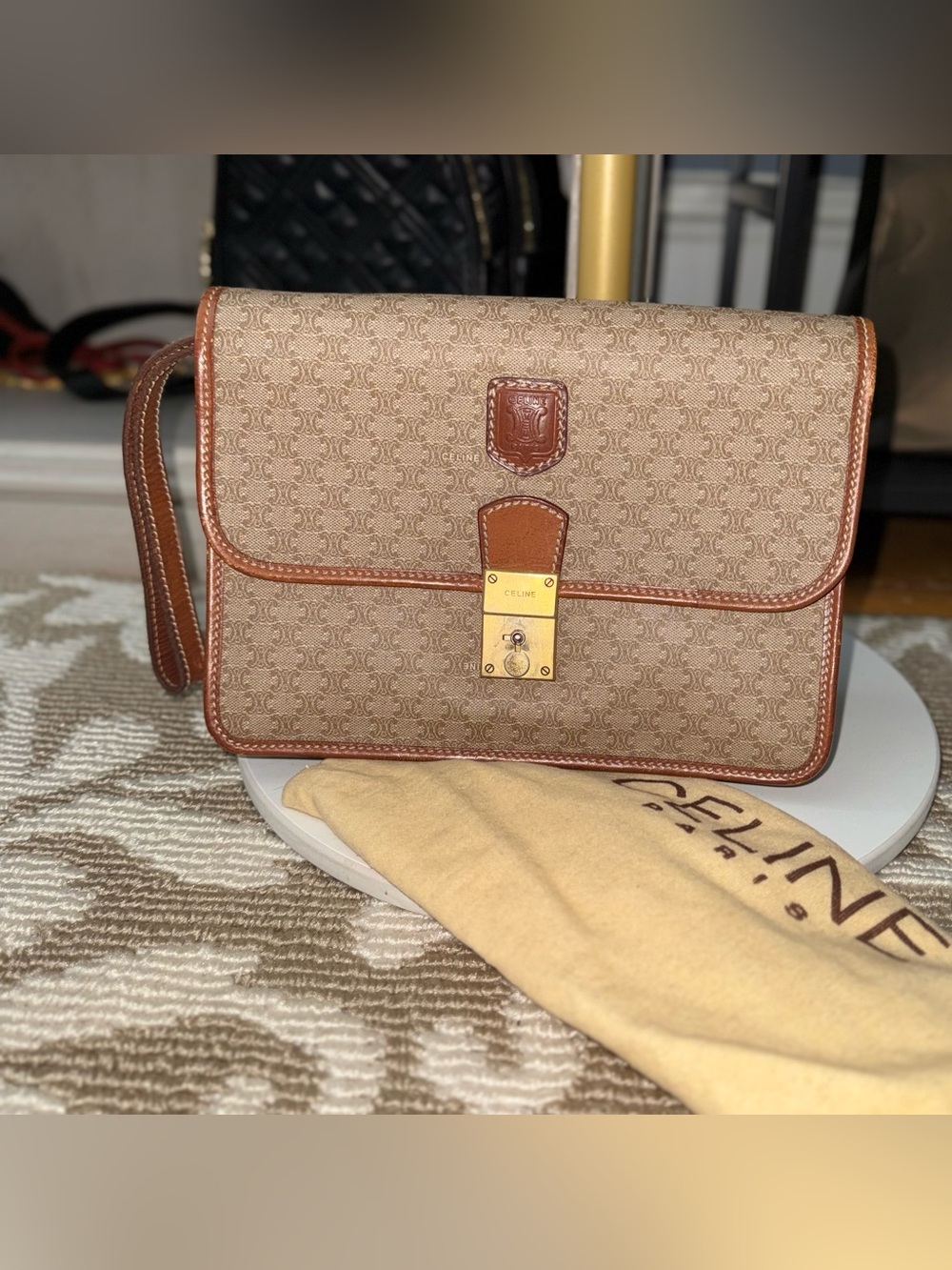 Celine Brown Monogram Canvas Clutch Bag with Gold Lock
